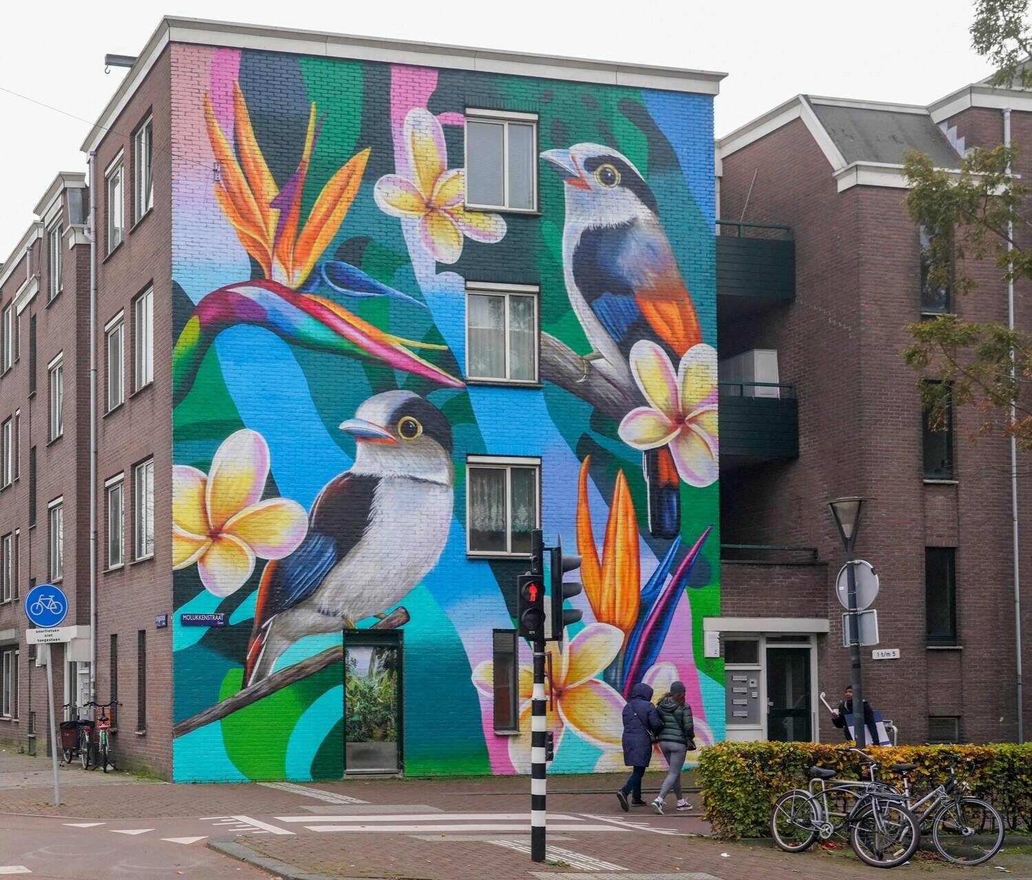 Amsterdam building with a mural with colorful tropical birds and plants.
