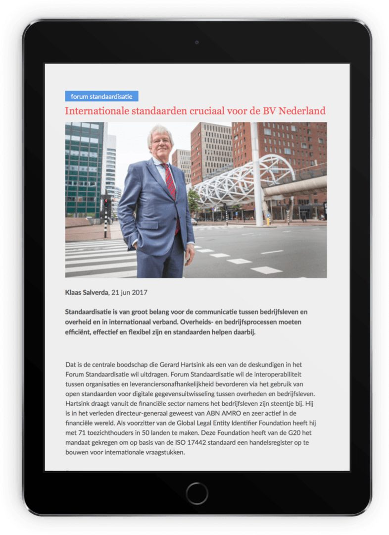 iPad met artikel met als titel Internationale standaarden cruciaal voor de BV Nederland